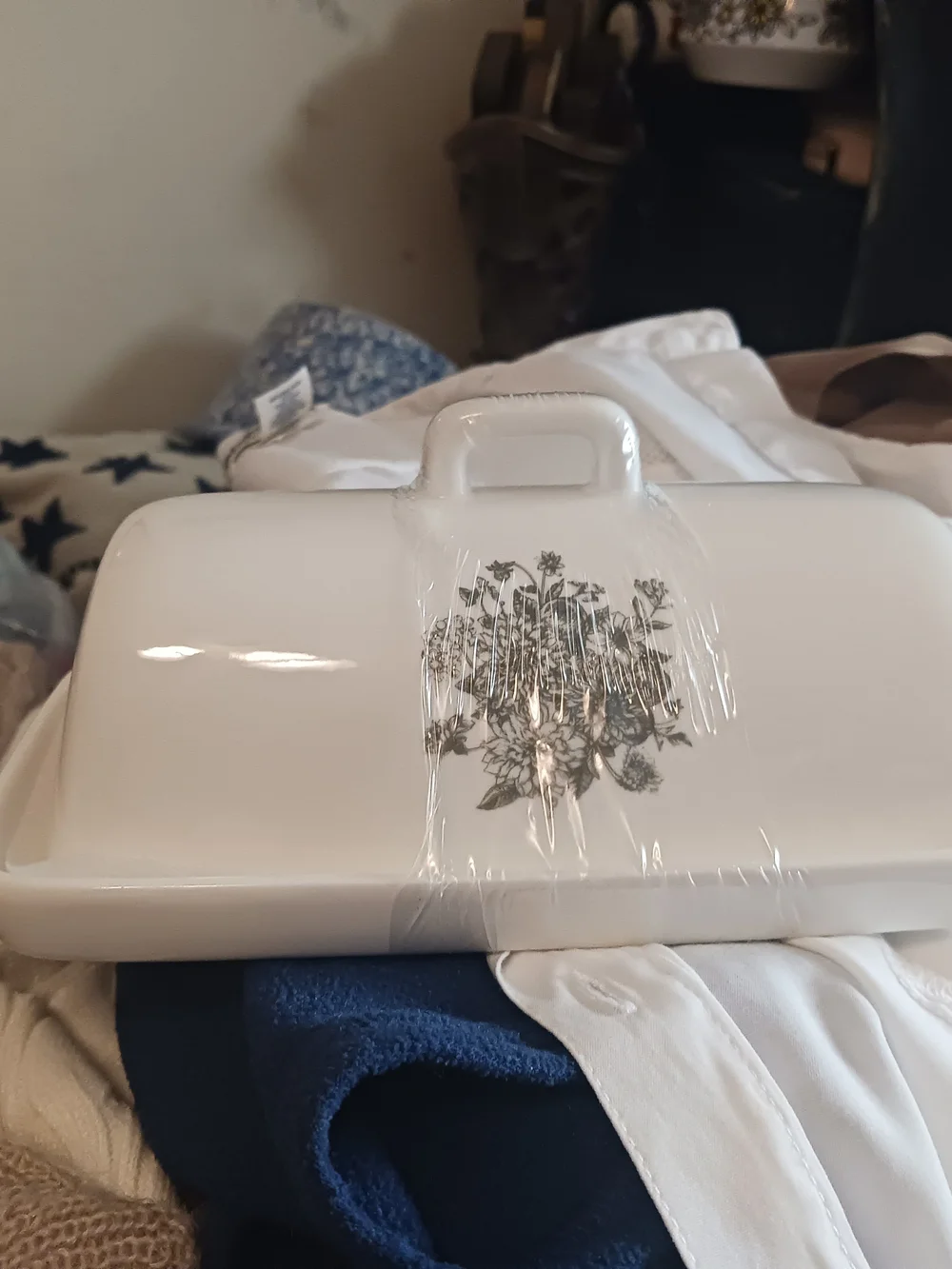 White Ceramic Covered Butter Dish with Green Botanical Motif